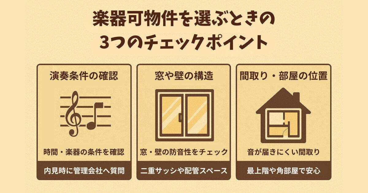 楽器可物件を選ぶときの3つのチェックポイントをまとめた図解。演奏条件、窓や壁の構造、間取りや部屋の位置を確認する重要性を解説。
