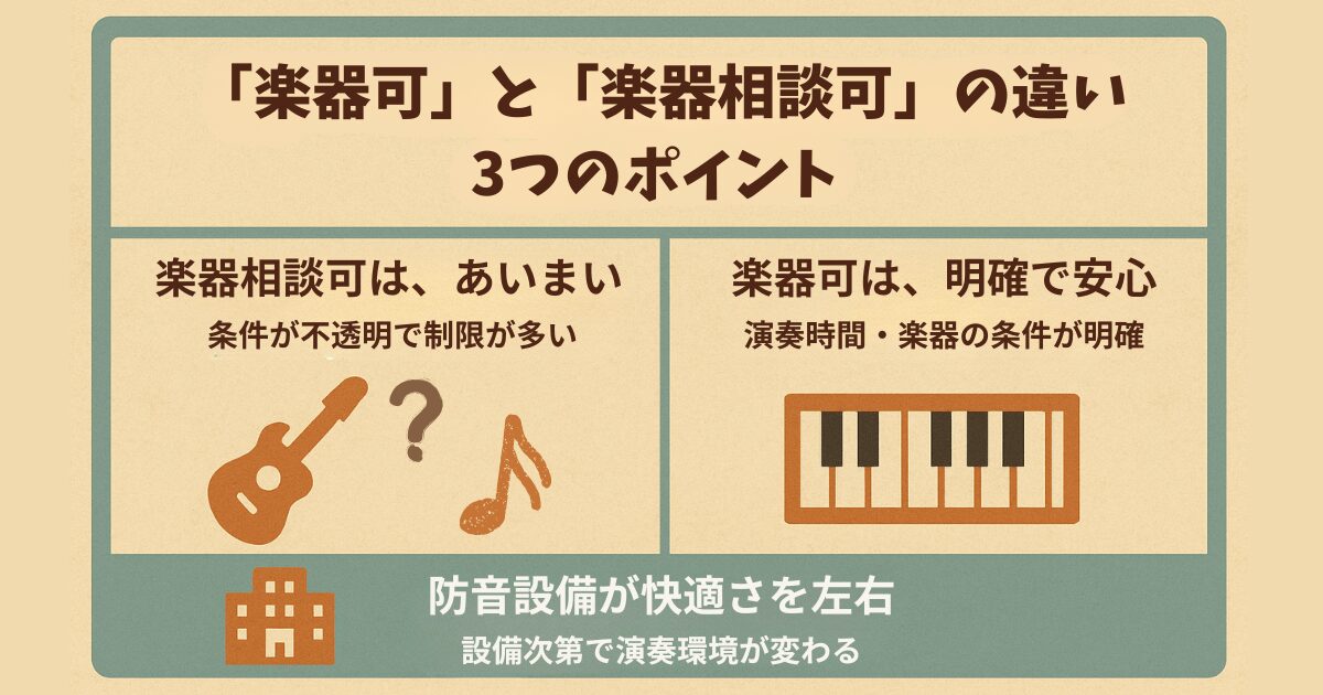 「楽器可」と「楽器相談可」の違いをまとめたインフォグラフィック。条件のあいまいさ、明確さ、防音設備の有無による快適さを3つのポイントで比較。