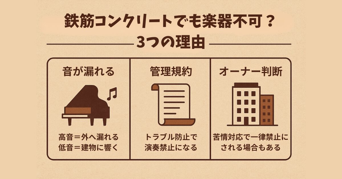 鉄筋コンクリートでも楽器不可になる3つの理由をまとめたインフォグラフィック。音漏れ、管理規約、オーナー判断の3点を解説。 