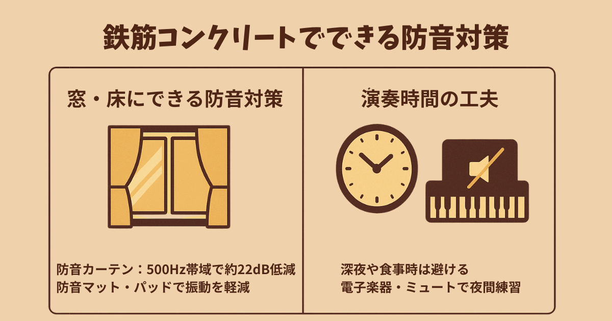 鉄筋コンクリートでできる防音対策をまとめた図解。窓や床の対策、演奏時間の工夫を示す。