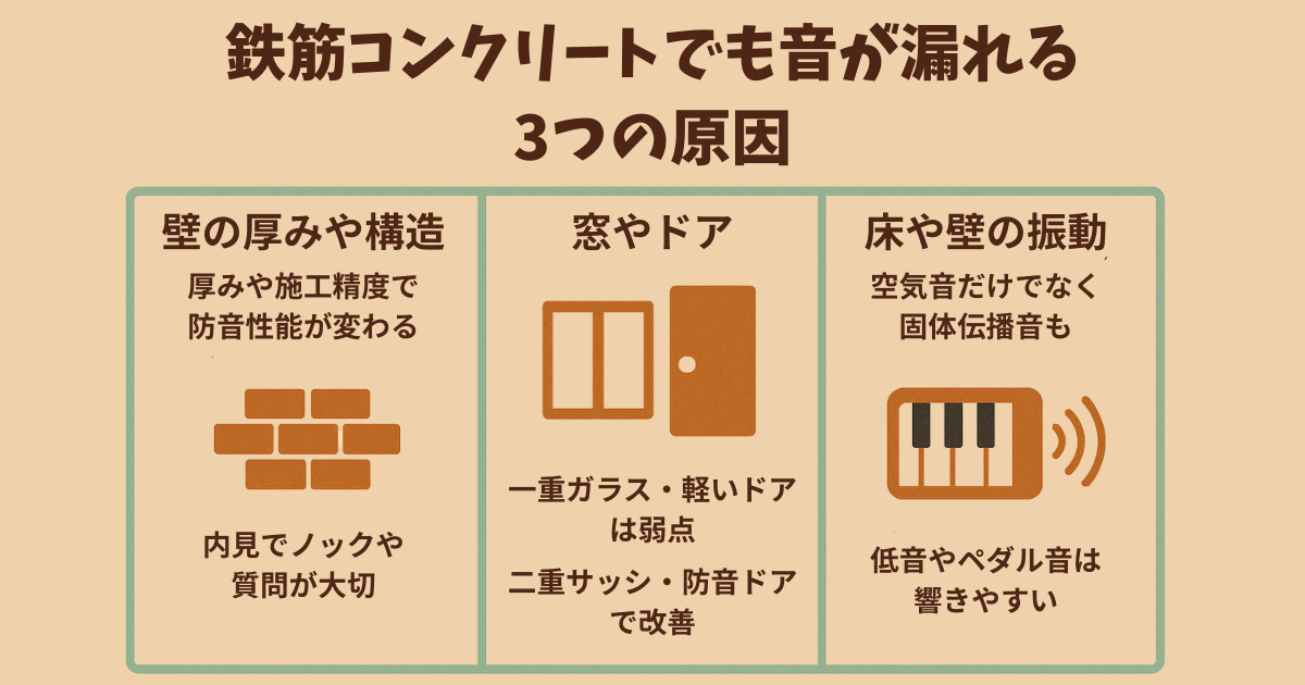 鉄筋コンクリートでも音が漏れる3つの原因をまとめたインフォグラフィック。壁の厚みや構造、窓やドア、床や壁の振動による音漏れを図解。