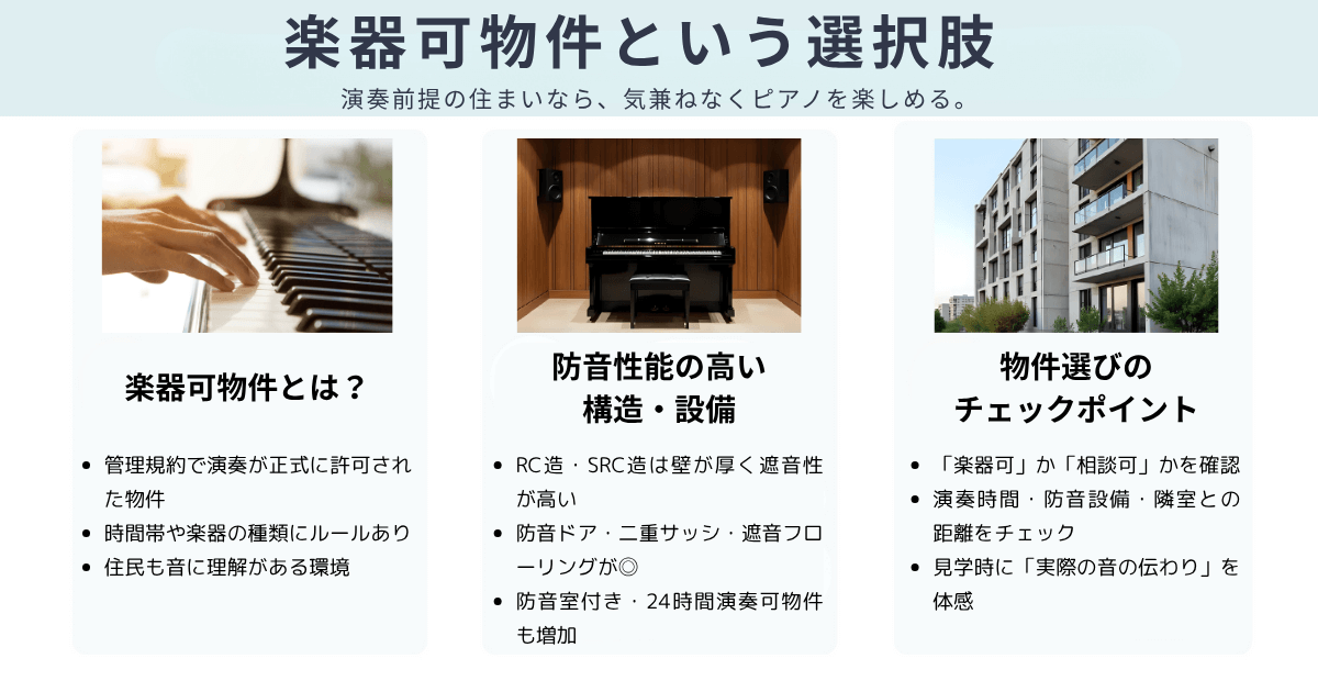 楽器可物件の特徴と選び方を紹介。演奏が許可された環境、防音性能の高い構造、物件選びのチェックポイントを図解。