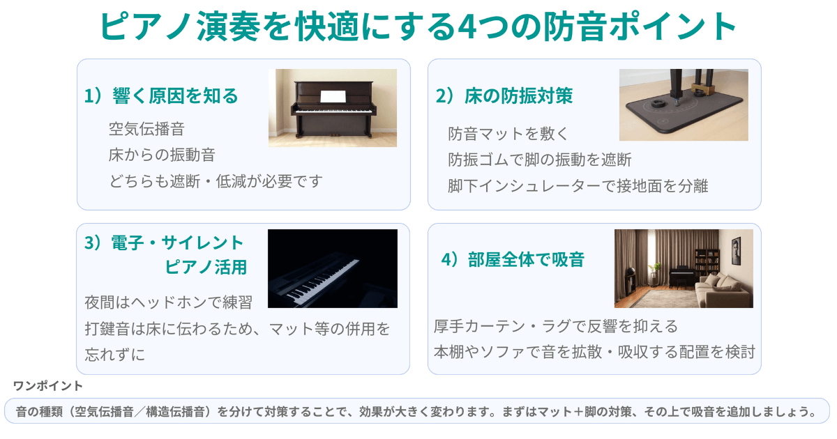 ピアノ演奏の防音ポイントを図解。響く原因、床の防振、電子ピアノ活用、部屋全体で吸音を紹介。