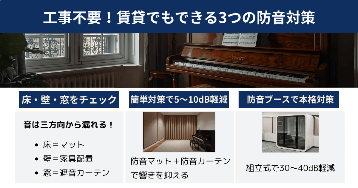 賃貸でもできる3つの防音対策を図解。床・壁・窓のチェック、簡単対策、防音ブース活用を紹介。