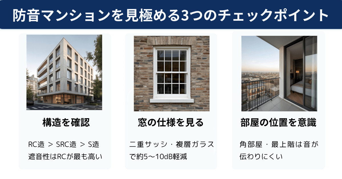 防音マンションを見極める3つのポイントを図解。構造・窓の仕様・部屋の位置による遮音性の違いを紹介。