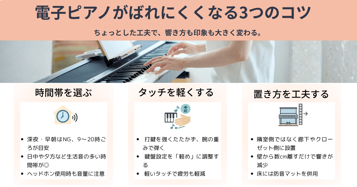電子ピアノがばれにくくなる3つのコツを紹介。時間帯の工夫、タッチを軽くする、置き方や向きの工夫を図解。