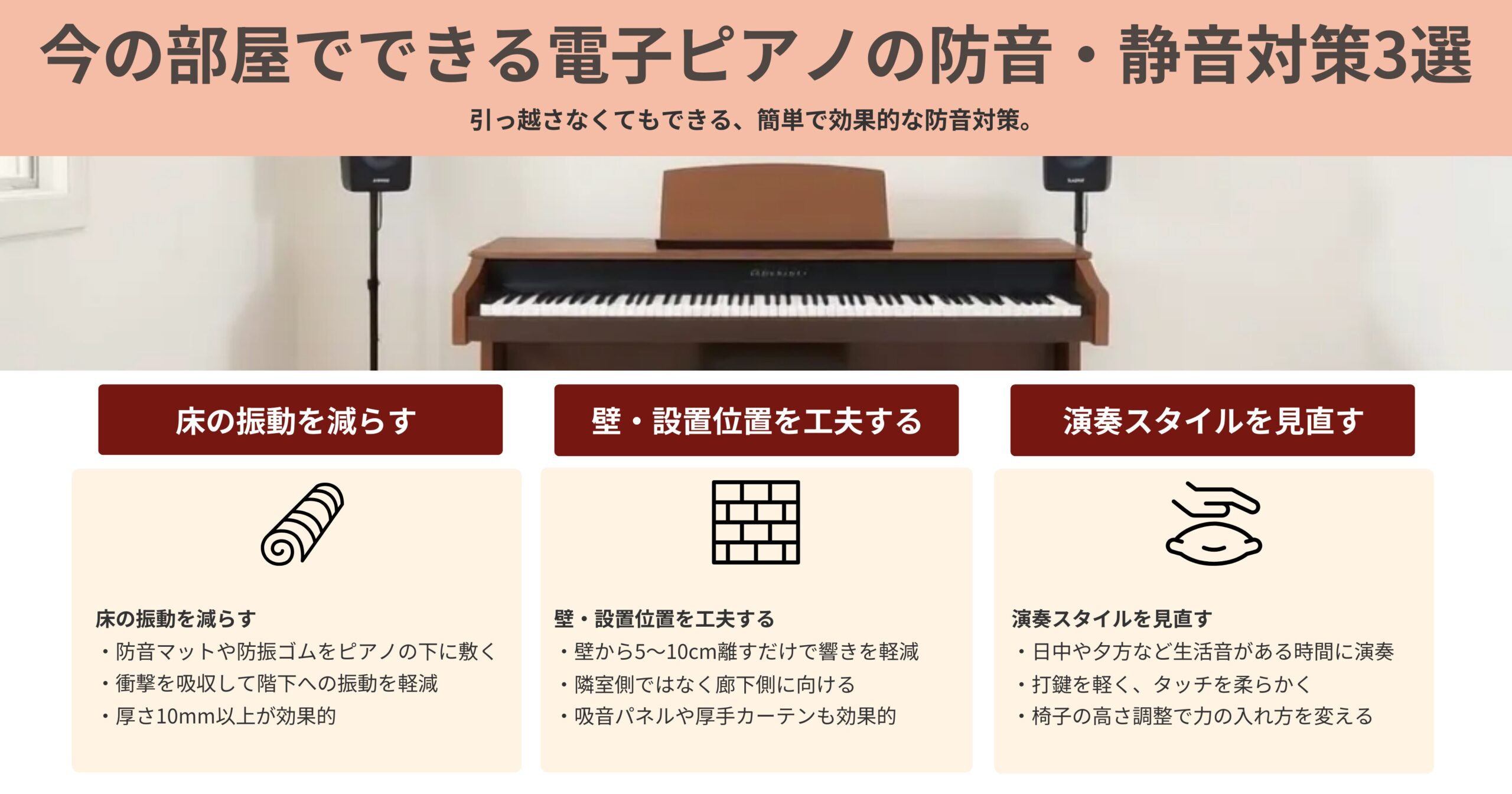 電子ピアノの防音・静音対策を3つ紹介。床の振動を減らし、設置位置や演奏スタイルを工夫する方法を図解。