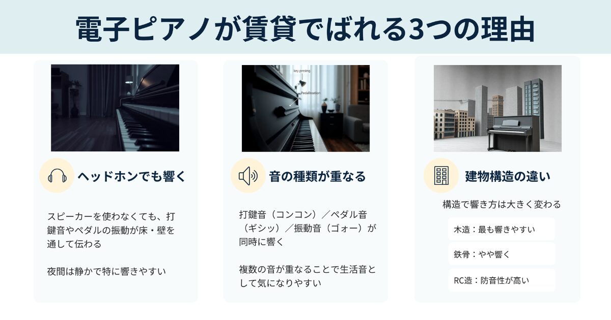 電子ピアノが賃貸でばれる3つの理由を示したインフォグラフィック。