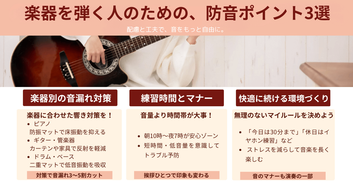 楽器別の音漏れ対策・練習時間のマナー・快適な環境づくりのコツをまとめた図。