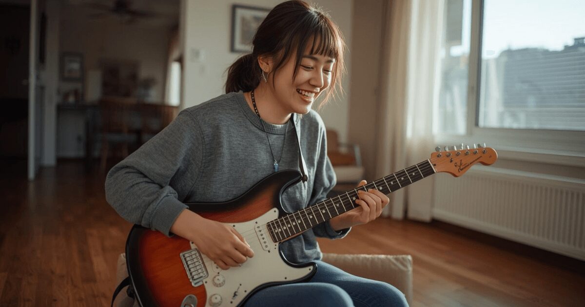 室内でエレキギターを弾いている女性の写真。