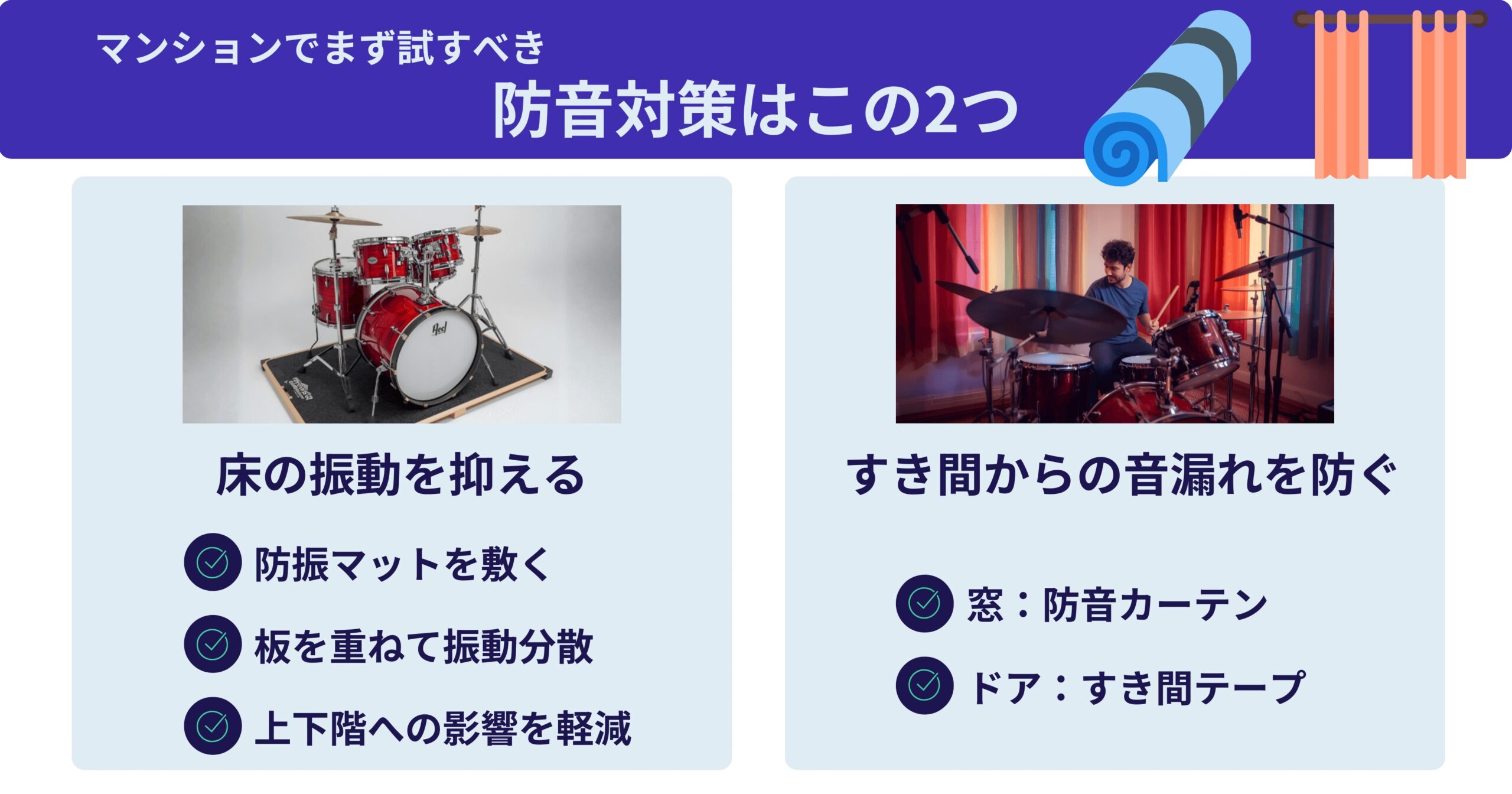 マンションでドラム演奏時にまず試したい床の振動対策とすき間対策をまとめた図
