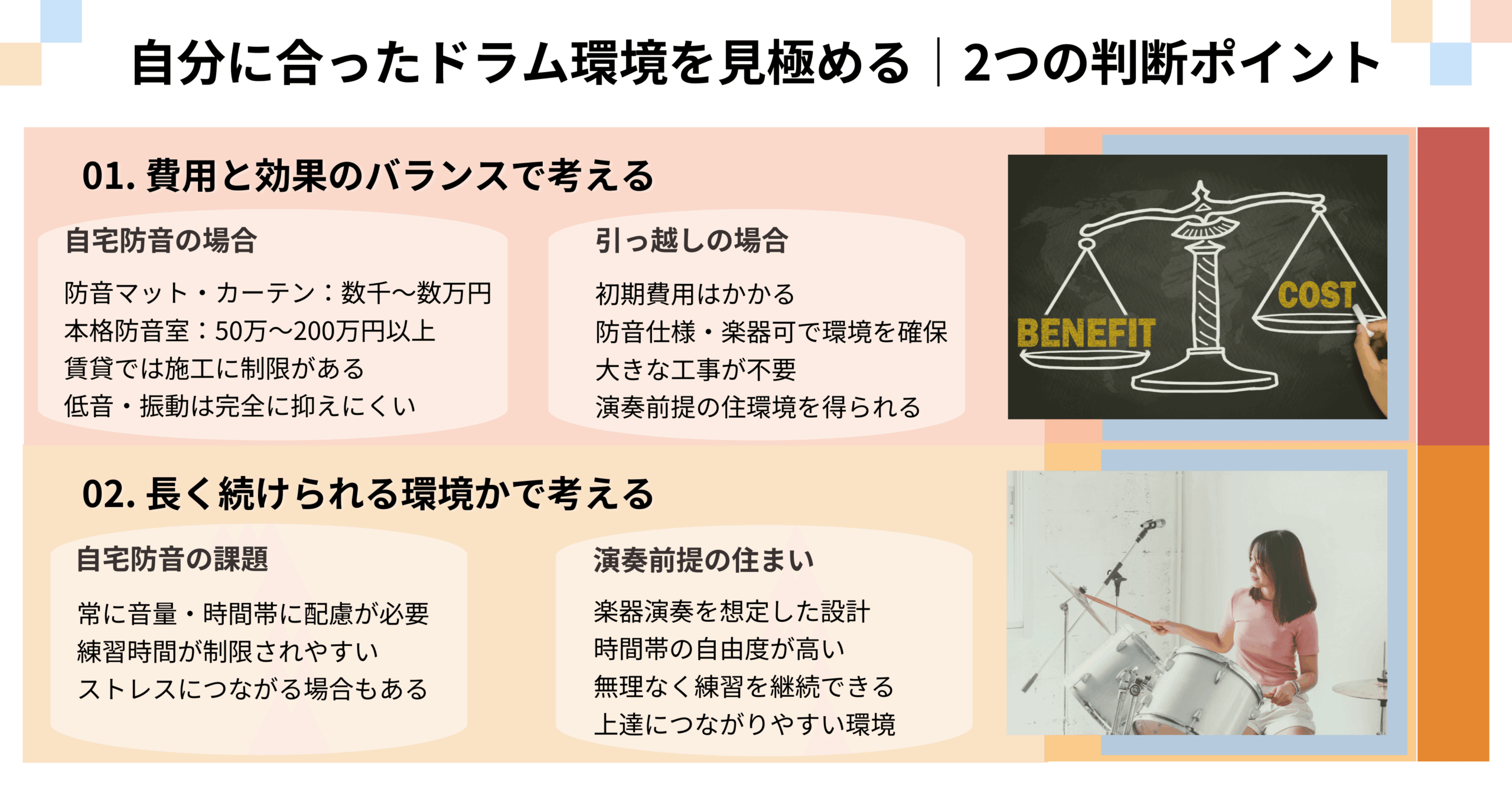 ドラム環境を自宅防音か引っ越しで判断する2つのポイントを比較したインフォグラフィック