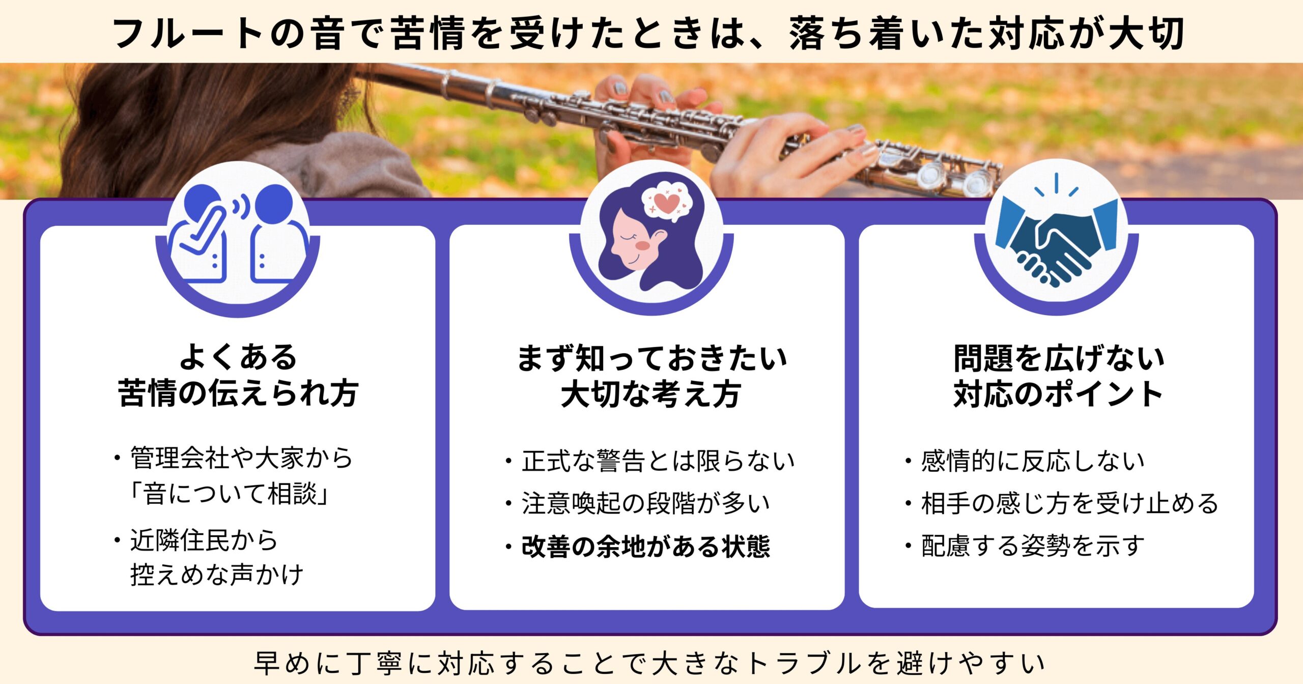 フルートの音で苦情を受けたときに、よくある伝えられ方や考え方、問題を広げない対応ポイントを整理したインフォグラフィック