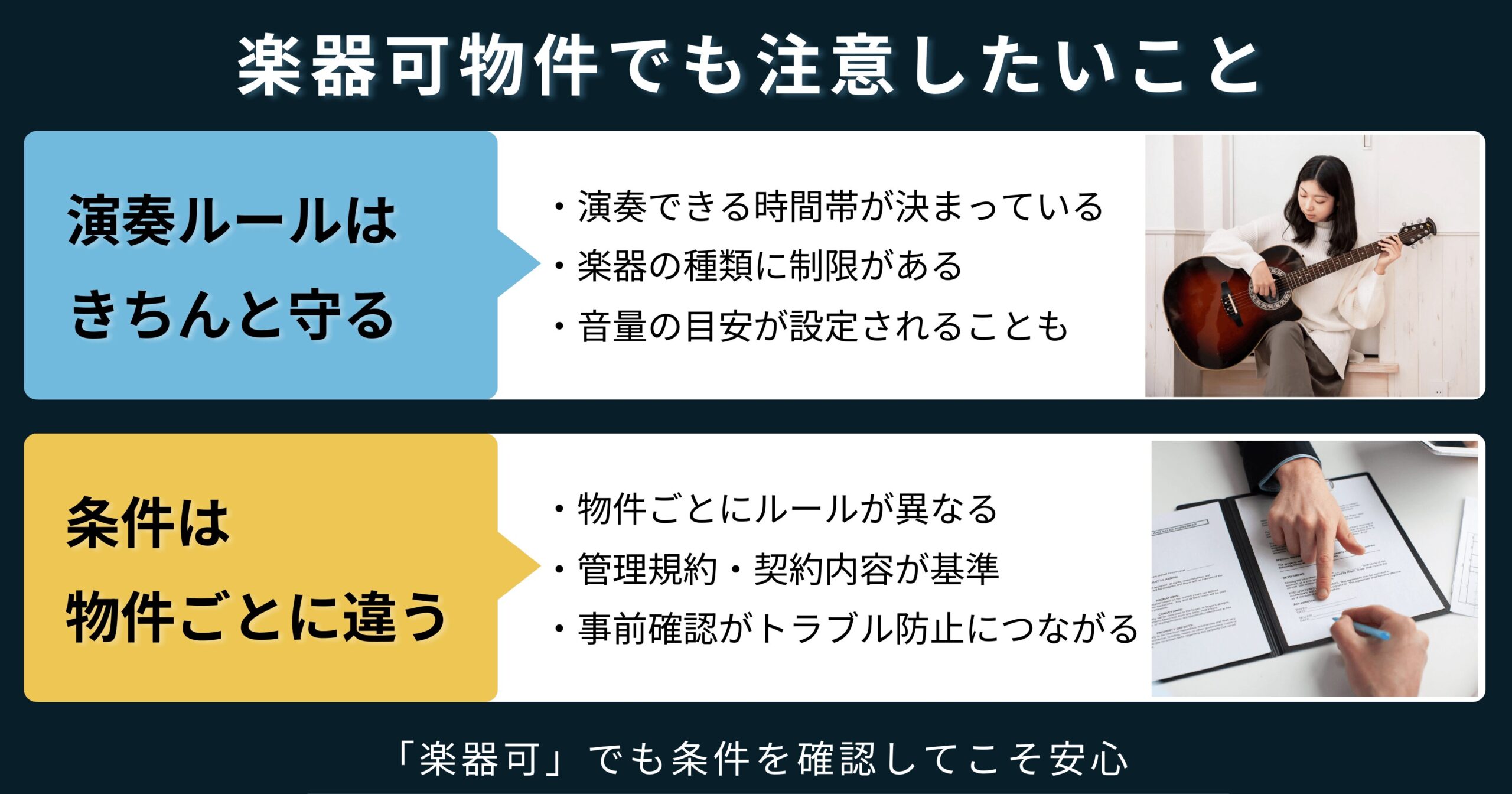 楽器可物件でも演奏時間や楽器の種類などのルールがあり、物件ごとに条件が異なる点に注意が必要であることを示したインフォグラフィック
