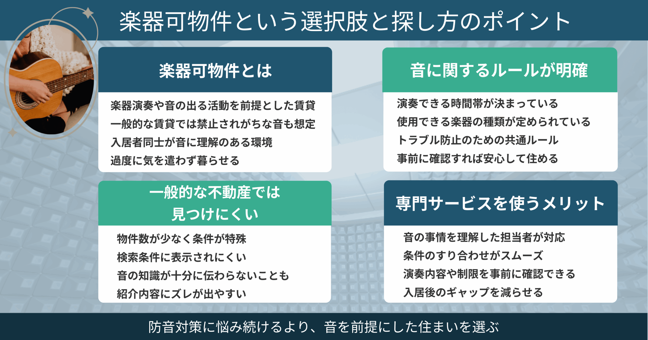 楽器可物件の特徴や音に関するルール、一般的な不動産で見つけにくい理由と専門サービスを使うメリットを整理した図