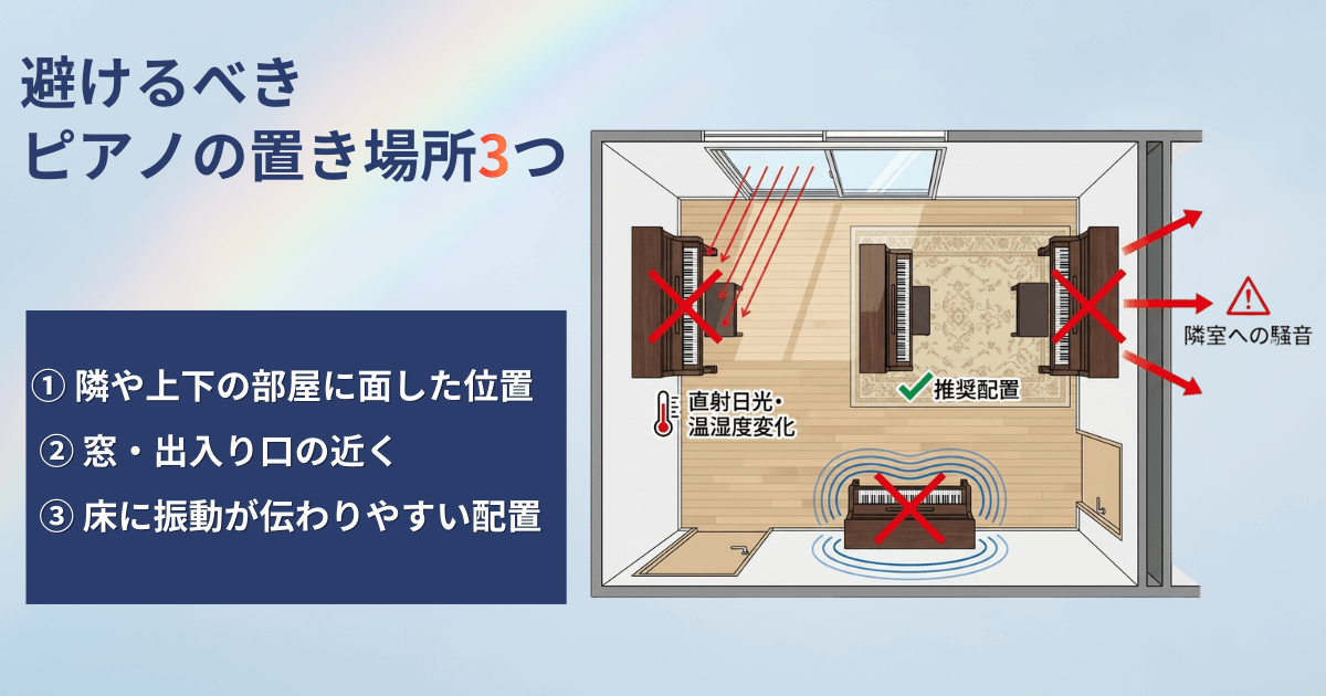 集合住宅で避けたいピアノの置き場所を図解で示したインフォグラフィック