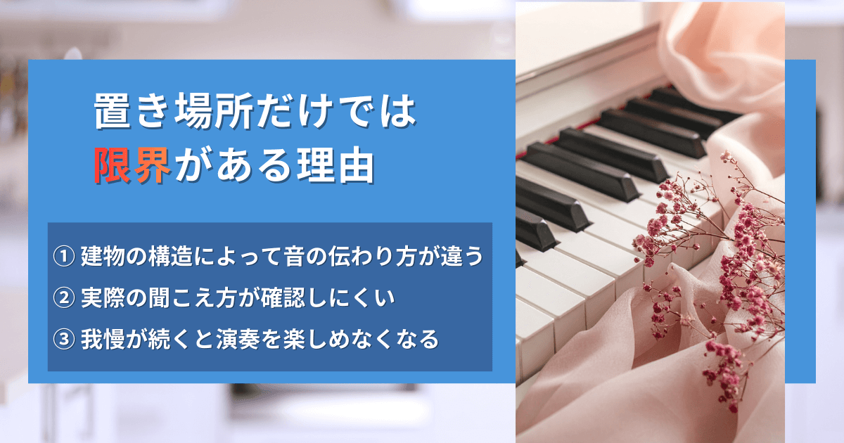 ピアノの置き場所を工夫しても、建物の構造や心理的な不安によって音の悩みが残る理由を示した図
