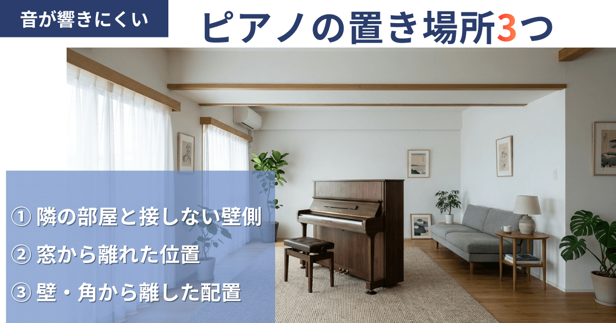 集合住宅で音が響きにくいピアノの置き場所3つを示したインフォグラフィック