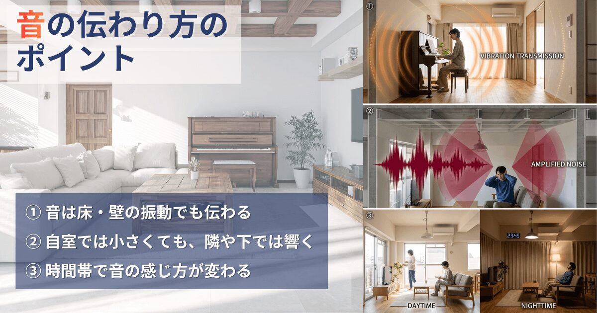 ピアノの音が床や壁の振動、時間帯によって周囲に伝わる仕組みを示した図