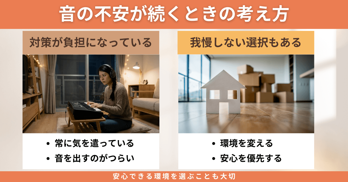 音の不安が続くときに、対策が負担になっている状態と我慢しない住まいの選択を示した図