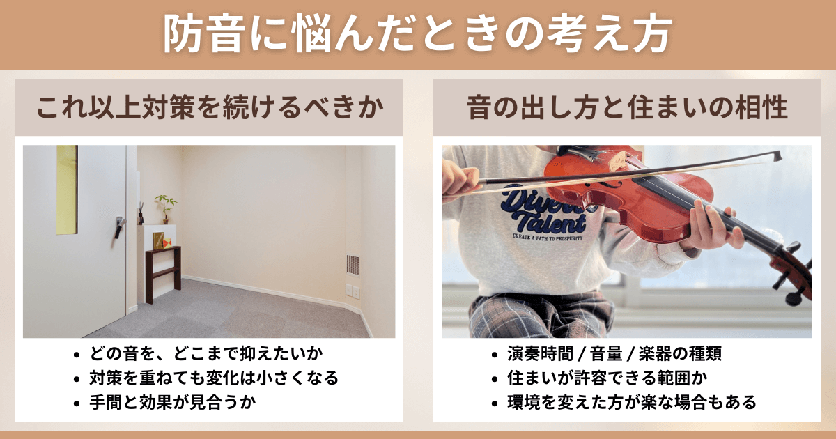 防音対策を続けるか環境を見直すか判断するための考え方を整理したインフォグラフィック