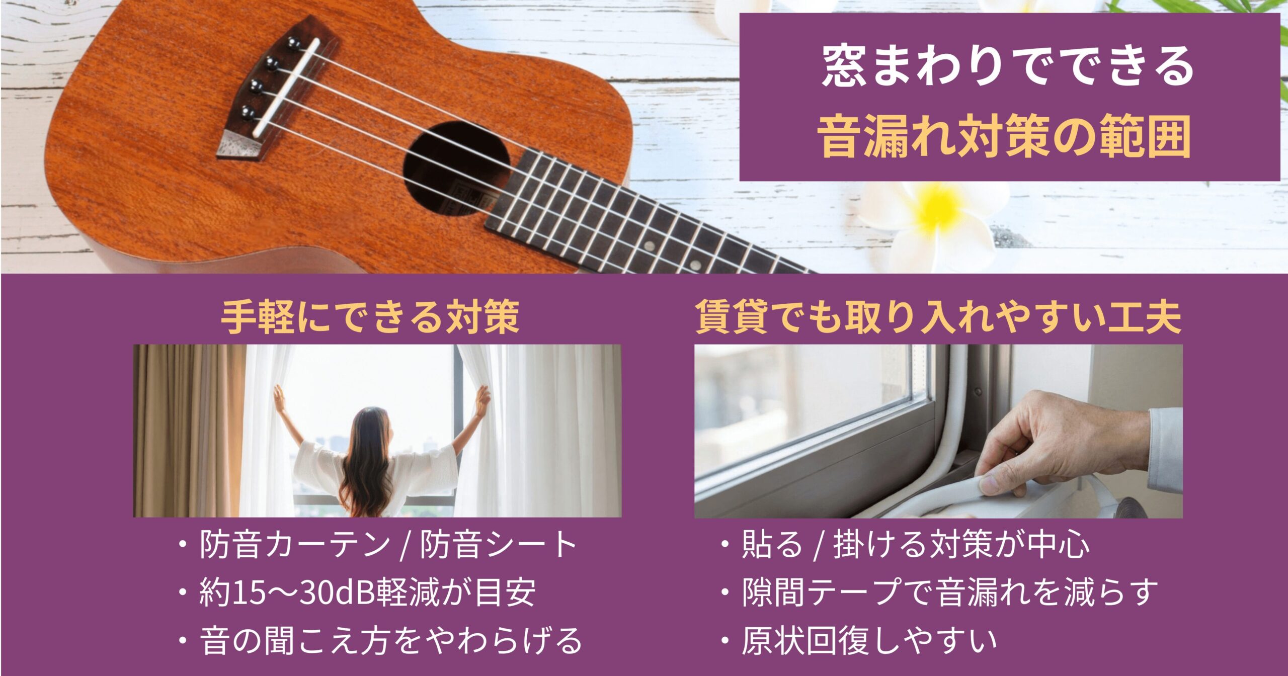 窓まわりでできる音漏れ対策の範囲と、手軽な方法・賃貸でも取り入れやすい工夫をまとめた図