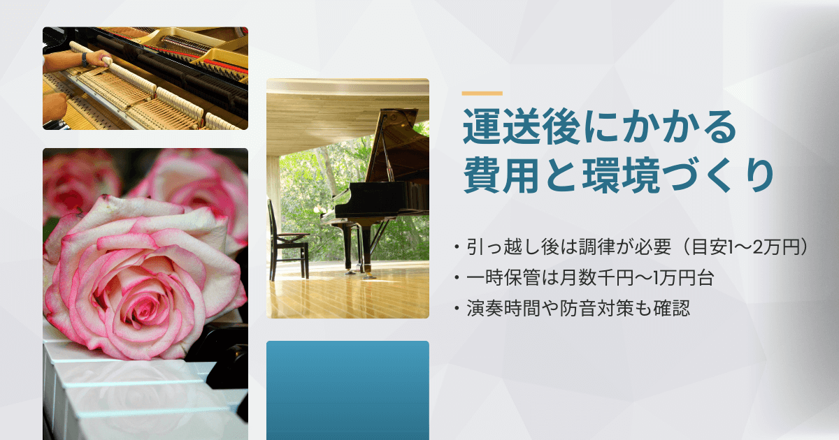 ピアノ運送後にかかる費用と環境づくりをまとめたインフォグラフィック。調律費用や一時保管費、演奏環境の確認ポイントを解説