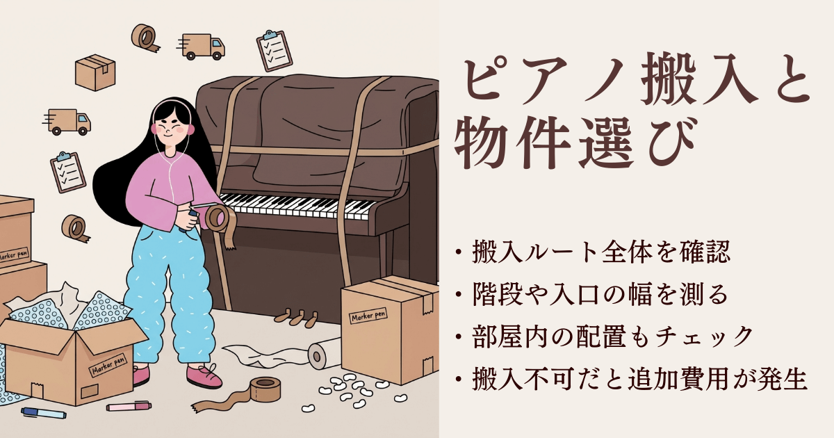 ピアノ搬入を想定した物件選びのポイントと搬入ルート確認のイメージ