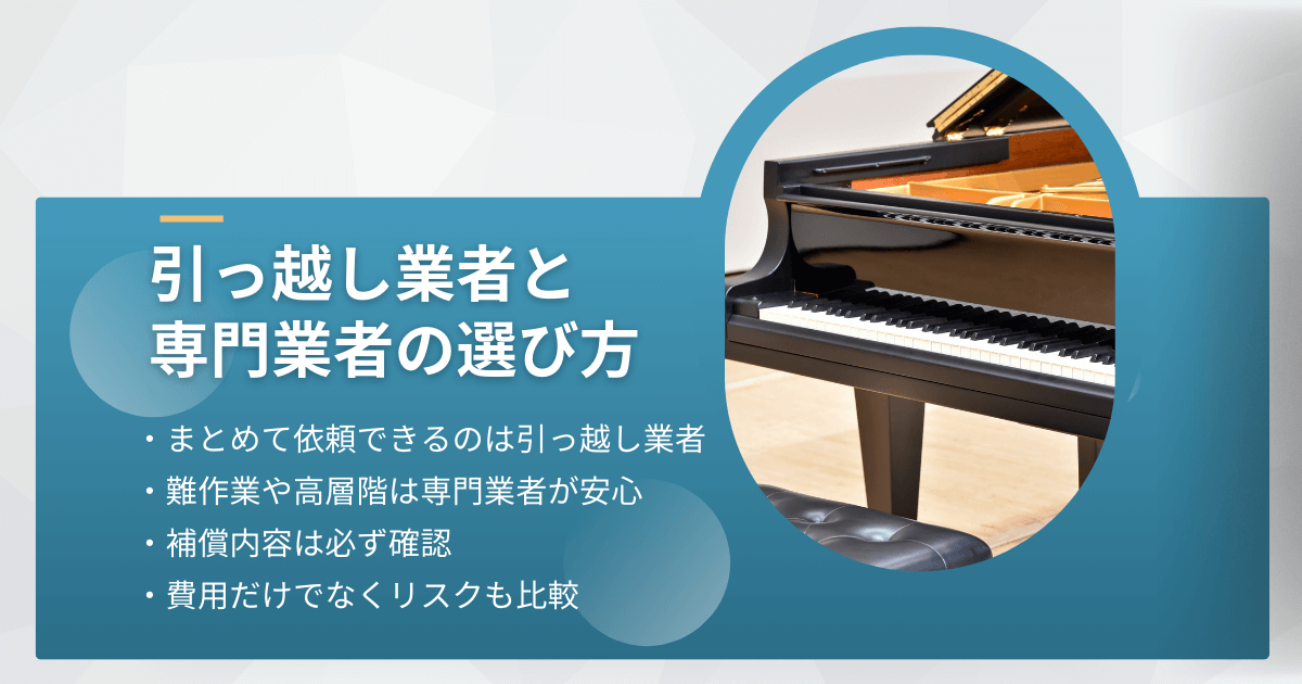 ピアノ運送を引っ越し業者と専門業者で比較し、選び方のポイントをまとめたインフォグラフィック